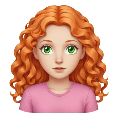 white pale girl with long curly orange hair, green eyes, pink shirt sticker