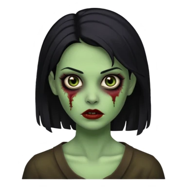 Faça uma zombie mulher bonita verde com olhos castanhos cabelos pretos partido ao meio liso, com estilo  sticker