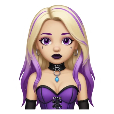 Ai light skin girl , who has straight long length blonde hair with heavy purple streaks , hazel eyes , and doll like makeup , with a septum piercing, in a black corset emoji sticker