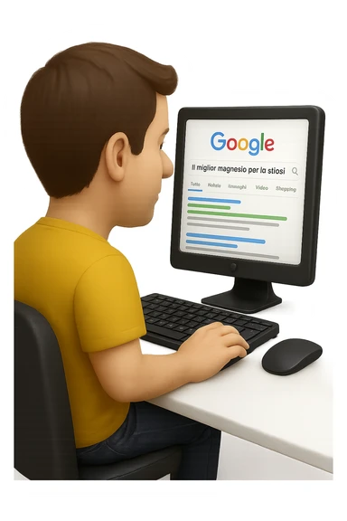 emoji stile iphone di un uomo davanti al pc che cerca di google: "Il miglior magnesio per la stipsi", iperrealistico 4k sticker