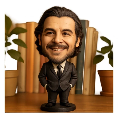 statuette of Che Guevara in a suit and tie, big head, confident smile sticker