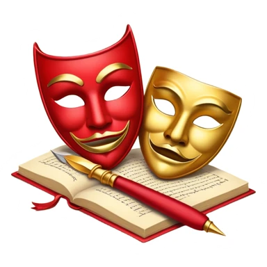 Create a bold and dramatic emoji representing the art of playwriting. The design should feature an open script or a theater playbook, with stylized text inside. Include elements like a theatrical comedy and tragedy masks, a stage spotlight, or a writting quill to symbolize creativity and performance. Use deep, contrasting colors like red, black, and gold to evoke the intensity and passion of drama. The overall design should feel dramatic, inspiring, and artistic. Make the background transparent. sticker