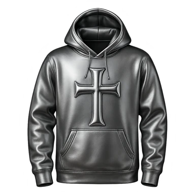 Replace the flowers on the black hoodie with a large chrome cross on the front. The cross should be 3D metallic style, highly reflective, and shiny. Keep the hoodie black and the background removed (transparent). sticker
