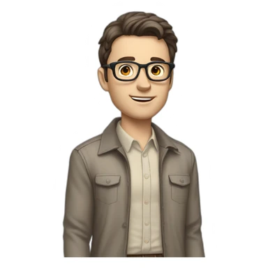 Full height Pale skinned Fit Man With dark brown hair in gray classic jacket, beige office shirt, Brown pants and vintage glasses. Thrumbs of his palms upwards sticker