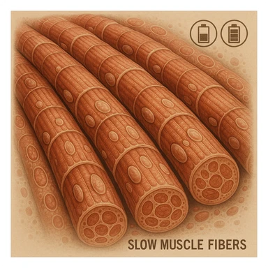 hyper realistic illustration of slow muscle fibers with dense and minimally expanded structure, saturation icons like full tanks, scientific atmosphere, cellular details, neutral background sticker