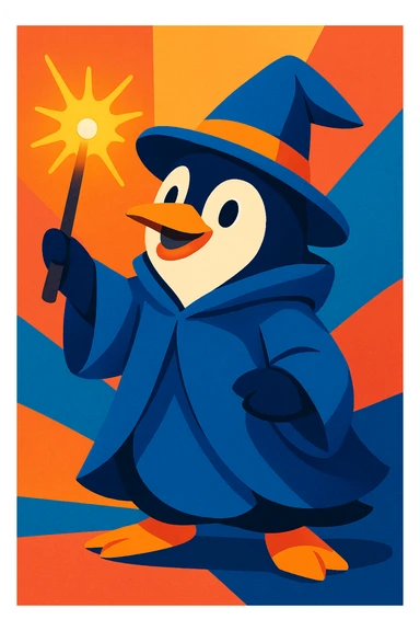 a playful penguin wizard with a blue cloak and a glowing wand, vibrant modern style sticker
