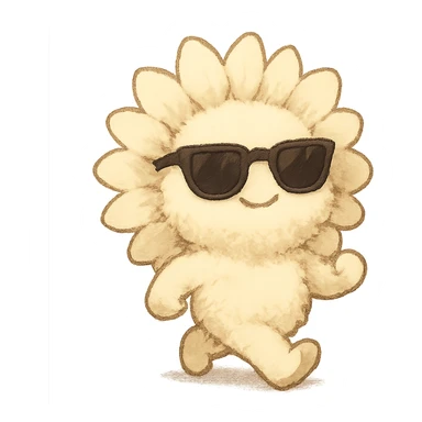 chibi fluffy sunflower, creamy yellow, with sunglasses, strutting with confidence, full body sticker