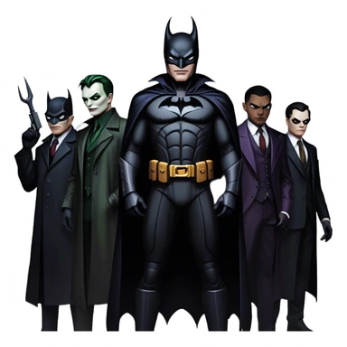 Icon for Thriller Movies: A large, dramatic collage featuring sinister villains in dark clothing. The background shows the gloomy cityscape of Gotham, with dim lighting and eerie shadows. The atmosphere should be tense, mysterious, and suspenseful. Transparent background. sticker