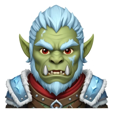 Fantasy Christmas orc portrait icon, frost clan warrior style, winter fur armor, icy details, strong brutal face, snowy battlefield mood, clean emoji style, male/female variant sticker