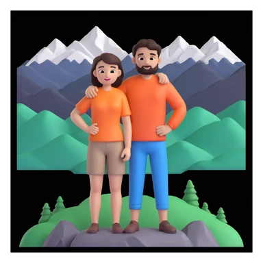 back packer couple posing, mountains in background,   close up pose sticker
