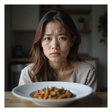 vertical 9:16 portrait of a woman with PCOS looking at her ketogenic plate with a disappointed expression, face with acne, chin facial hair, thin hair, home environment, hyperrealistic 4K details sticker