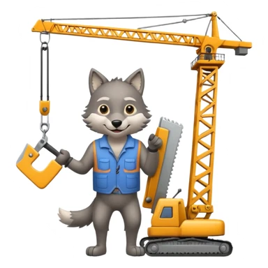  a joyful gray wolf sits on a tower crane and holds a saw in his hands sticker