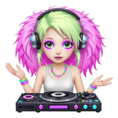  hard-techno-rave-fairy,-holding-a-dj-turntable,-wild-hair,-neon-sparkles,-minimal-background sticker
