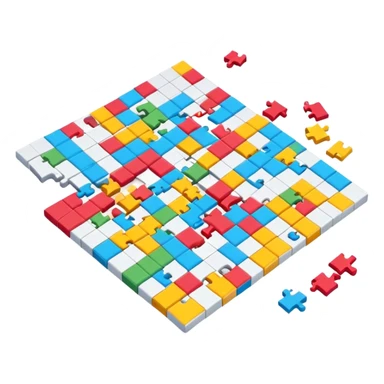 A photorealistic icon with a colorful, fragmented crossword magazine, a 3D puzzle, and a partially completed puzzle on a table. Bright, detailed design with realistic lighting. Transparent background, clearly symbolizing puzzles and brain games. sticker