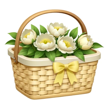 White Picnic basket with pastel yellow bow and white peonies inside sticker