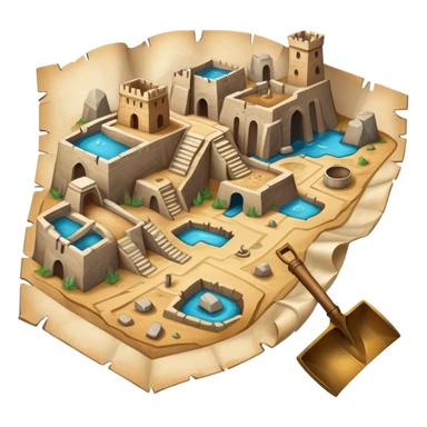 An icon showing an ancient city excavation site with uncovered ancient vessels, an old map, and a shovel. The design captures the thrill of uncovering historical treasures and ruins. Transparent background highlights the excitement of archaeological discovery. sticker