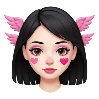 “Emoji girl, pastel pink streaks in black hair hair, bold winged eyeliner, heavy blush on cheeks and nose bridge, under-eye hearts, glossy pink lips, playful smirk.” sticker