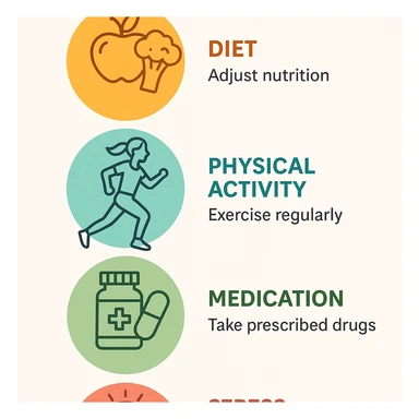 vertical infographic: steps to achieve hormonal balance in PCOS (diet, physical activity, medication, stress management), coordinated icons and colors, modern style, light background sticker
