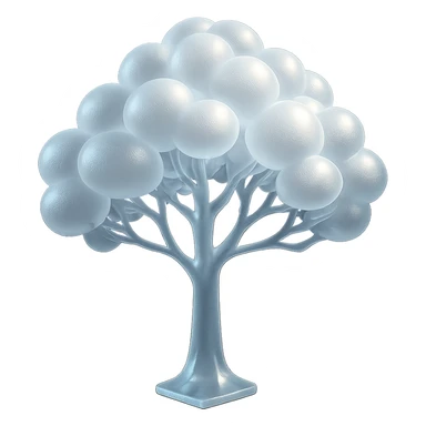 one tree with many branches and a white trunk, crown made of small very bright white fluffy convex clouds, matte glass style sticker