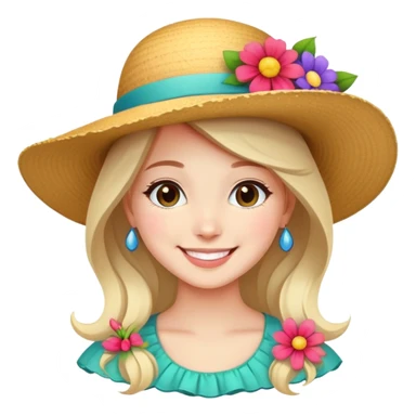 girl with a fancy wide-brimmed hat with flowers, happy face sticker