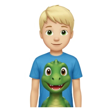 A smiling blond boy with blue eyes wearing a green dinosaur T-shirt sticker