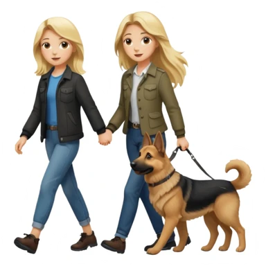A blonde girl with long hair walking a German Shepherd sticker