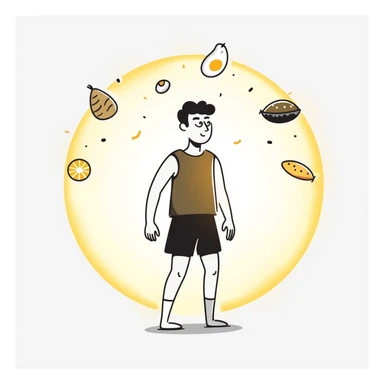 A warm glowing orb with food icons (meat, egg, beans, tofu, yogurt) orbiting around a semi-transparent muscular human body. The body is illuminated from within, with subtle muscle fibers that vibrate and expand. sticker