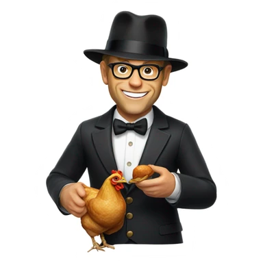 Alton brown wearing black bowler hat eating a roasted chicken sticker