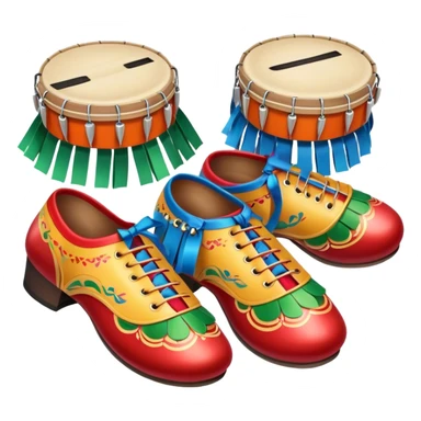 Icon for Folk Dance: close-up traditional dance shoes, colorful folk costumes, and a dance circle with ribbons and musical instruments like a tambourine or accordion. The icon should represent the vibrant and cultural aspects of folk dancing. Transparent background. sticker