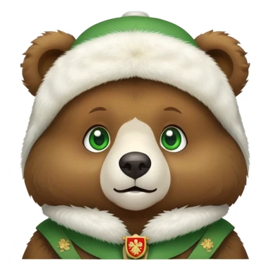 Adorable tiny brown bear face with sweet expression and green eyes, wearing only a white fur ushanka hat with clear Russian coat of arms, no body or clothing visible, iOS emoji style sticker