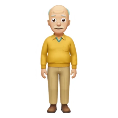 A 3D cartoon elderly man entirely yellow, styled like Grandpa Simpson, bald head with few hair strands, wrinkled face, yellow shirt and trousers, kind smile, cinematic Memoji-style render matching other Simpsons characters. sticker