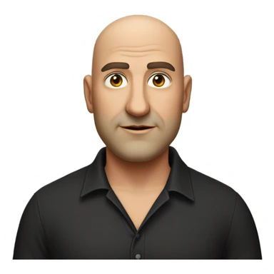A slightly overweight middle-aged Italian man with olive-toned skin with bald hair and no facial hair. He is wearing a sleek black smart shirt, casually unbuttoned at the top. sticker