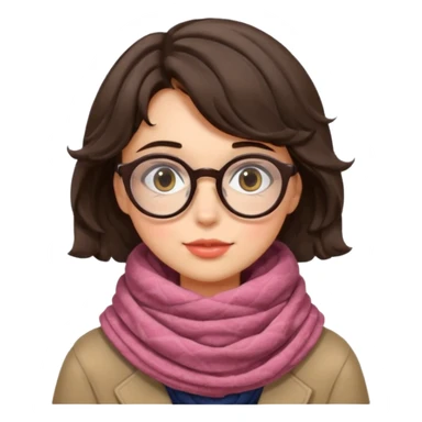 A shy brunette hair wavy short hair woman with big round glasses and thick scarf, blushing from the cold. sticker