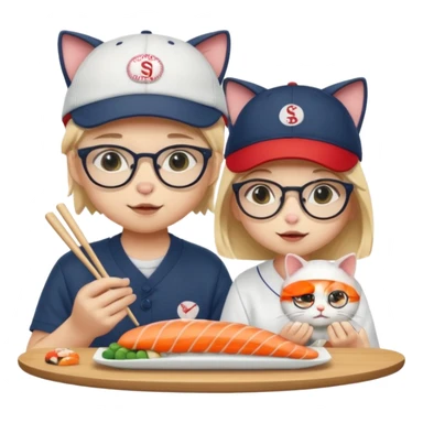 cute girl cat wearing glasses and a cute boy cat wearing a baseball cap eating sushi together sticker