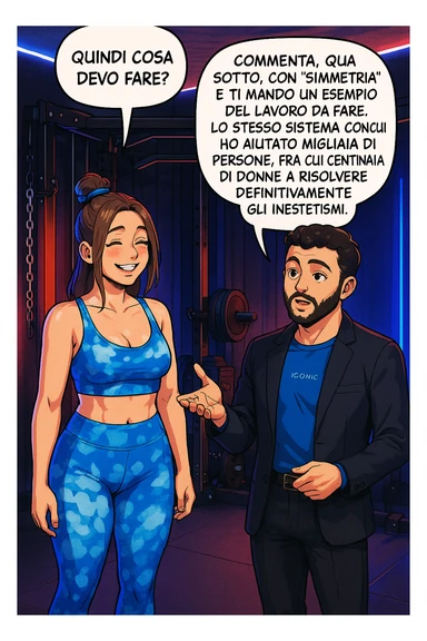 TRASFORMA QUESTO CAROSELLO IN UN FUMETTO STILE WEBTOON/MANGA A COLORI CON QUESTE DUE PERSONE IDENTICHE CHE INTERLOQUISCONO TRA LORO, LA DONNA SEMBRA SOLLEVATA/SODDISFATTA E CONTENTA:

LEI (DONNA): Quindi cosa devo fare?
LUI (UOMO): Commenta, qua sotto, con “simmetria” e ti mando un esempio del lavoro da fare. Lo stesso sistema con cui ho aiutato migliaia di persone, fra cui centinaia di donne a risolvere definitivamente gli inestetismi. sticker