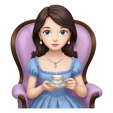 Hyper-realistic Blue-eyed brunette, wearing a Victorian style dress. She has a simple pearl necklace. Her dress is the palest lilac.  She is sitting gracefully in a chair, holding a teacup and saucer sticker