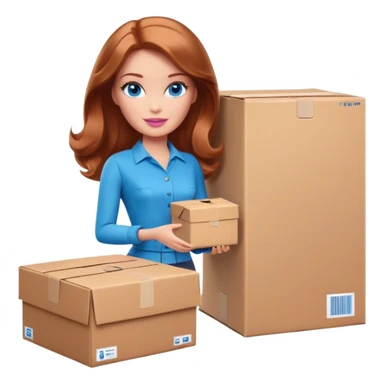 Barbie with shoulder-length reddish-brown hair, blue eyes with makeup, brown clothes , stands with a parcel box sticker