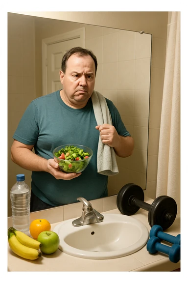 a middle-aged man stands in front of a bathroom mirror, looking at his reflection with a puzzled and slightly frustrated expression. He holds a salad bowl in one hand and a gym towel in the other, surrounded by healthy food and workout gear, yet his body remains overweight. The background is a typical home bathroom, softly lit, emphasizing confusion and self-reflection. sticker