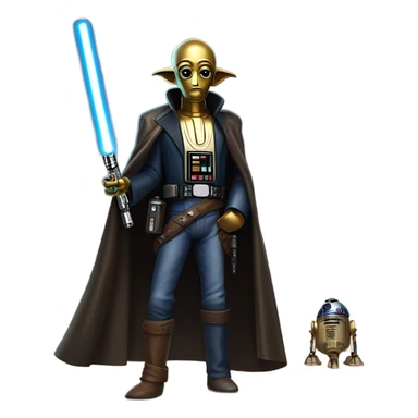 jedi first order human-sized darkblue-pearl friendly bounty hunter c3po droid wearing a leather wild west duster coat holding light saber ready to fight but relaxed. antiqued sticker
