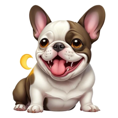 Cinematic Cute Yawning Pied French Bulldog Portrait Emoji, Head tilted with an exaggerated, endearing yawn and sleepy, squinty eyes, showcasing a unique pied fur of contrasting colors with a playful expression, simplified yet irresistibly adorable, highly detailed, glowing with a soft, cozy radiance, high shine, exuding a relaxed, humorous charm, styled with a gentle, soft glowing outline, capturing the essence of a Pied French Bulldog in a blissfully cute yawn that warms the heart! sticker