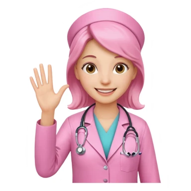 female doctor in pink attire with stethoscope waving, realistic sticker
