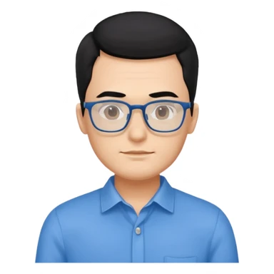 portrait of US man, wearing a blue shirt, square glasses, black hair sticker