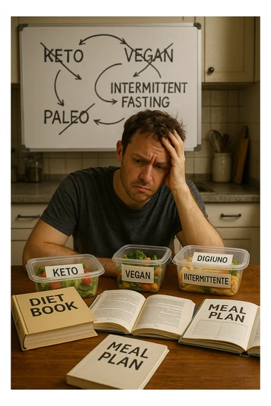 Confused man in his 30s sitting at a kitchen table cluttered with various diet books, meal plans, and food containers labeled keto, vegan, paleo, DIGIUNO INTERMITTENTE. He holds his head with one hand, looking overwhelmed and frustrated. The background shows a whiteboard full of crossed-out diet names and arrows going in circles. Expression: mental fatigue, indecision, information overload. Soft lighting, slight mess to emphasize his struggle. sticker
