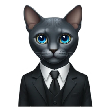 reptilian sphinx dark grey cat with blue eyes wearing black suit, portrait sticker