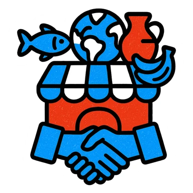 A vibrant icon of a marketplace with various international goods and a partnership symbol, using only colors #1E90FF, #F13816, and #FFFFFF sticker