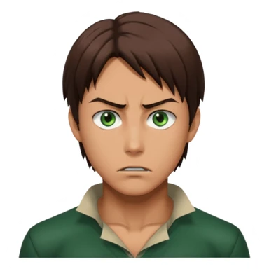 “Make him look like Eren Yeager S3 — long brown hair tied back, strong jawline, sharp green eyes, that cold, intense Eren vibe.” sticker