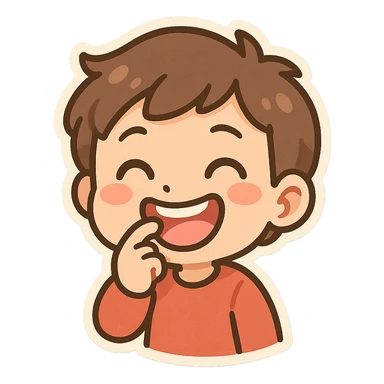 cartoon person with a big smile, biting their nail, fun and lighthearted sticker