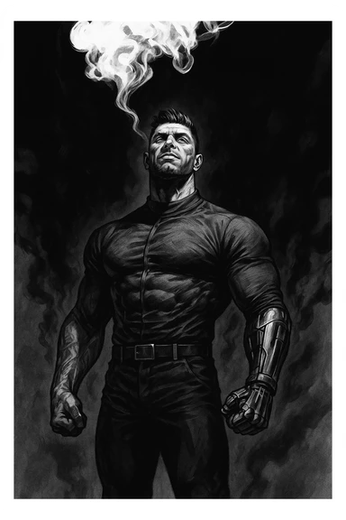 Black and white comic book panel of an extremely muscular Italian man with cybernetic implants standing in the dark, surrounded by smoke. He is wearing a long-sleeved shirt with a high collar, and his chest is sculpted. sticker