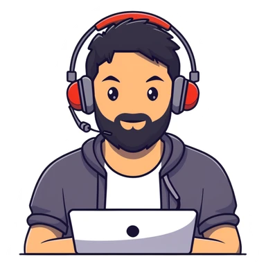 laughing man with black hair, brown eyes, black beard wearing gaming headset sticker