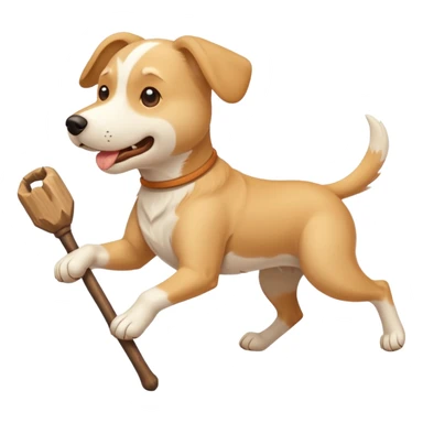 White and tan dog running with big stick in mouth sticker